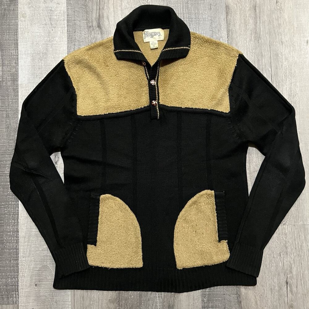 VTG Alexxus 80s Two Tone Black/Tan Virgin Acrylic Knit Pull Over Pocket Sweater